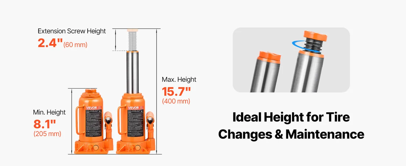 VEVOR Hydraulic Bottle Jack Orange 8-15.8 inch Lifting Range