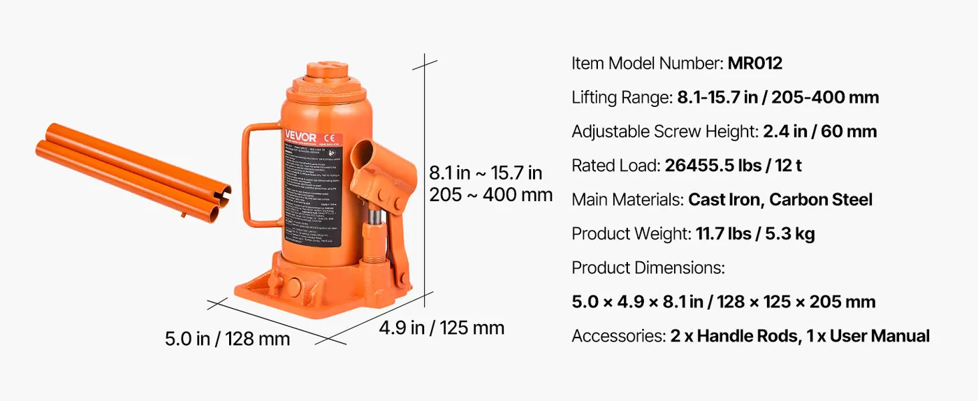 VEVOR Hydraulic Bottle Jack Orange 8-15.8 inch feature 1