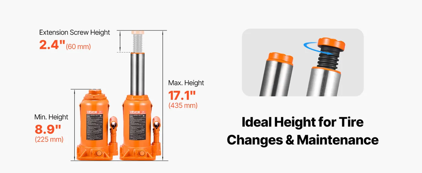 VEVOR Hydraulic Bottle Jack Orange 8.8-17.2 inch Lifting Range