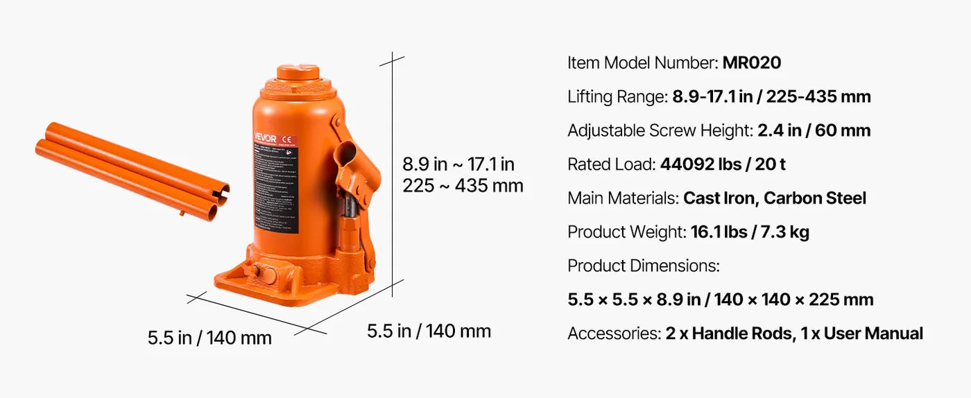 VEVOR Hydraulic Bottle Jack Orange 8.8-17.2 inch feature 1