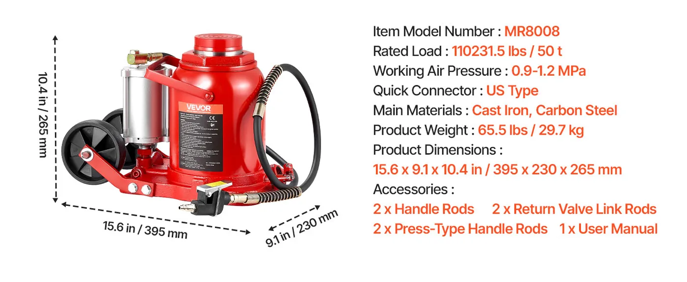 VEVOR Air Hydraulic Bottle Jack Red 10.4-16.1 inch feature 1