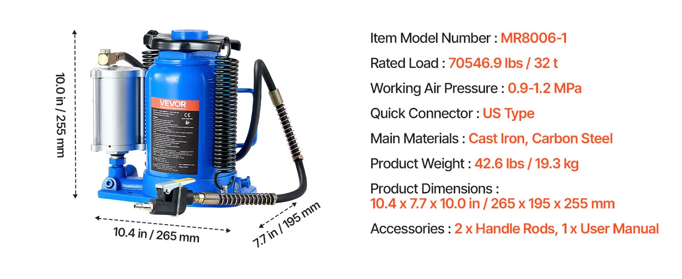 VEVOR Air Hydraulic Bottle Jack Blue 10-16.3 inch feature 1