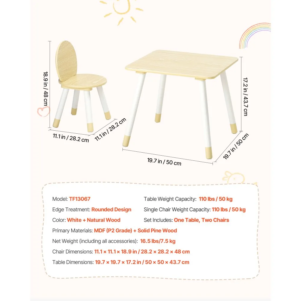 VEVOR Kids Table and 2 Chairs Set Natural Kids Square Table product image 7