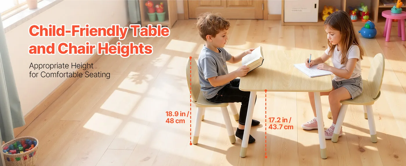 VEVOR Kids Table and 2 Chairs Set Natural Kids Square Table Optimal Height