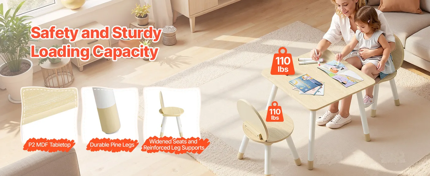 VEVOR Kids Table and 2 Chairs Set Natural Kids Square Table Stability