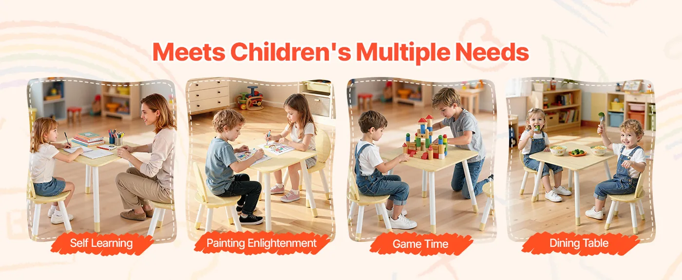 VEVOR Kids Table and 2 Chairs Set Natural Kids Square Table Multiple Uses