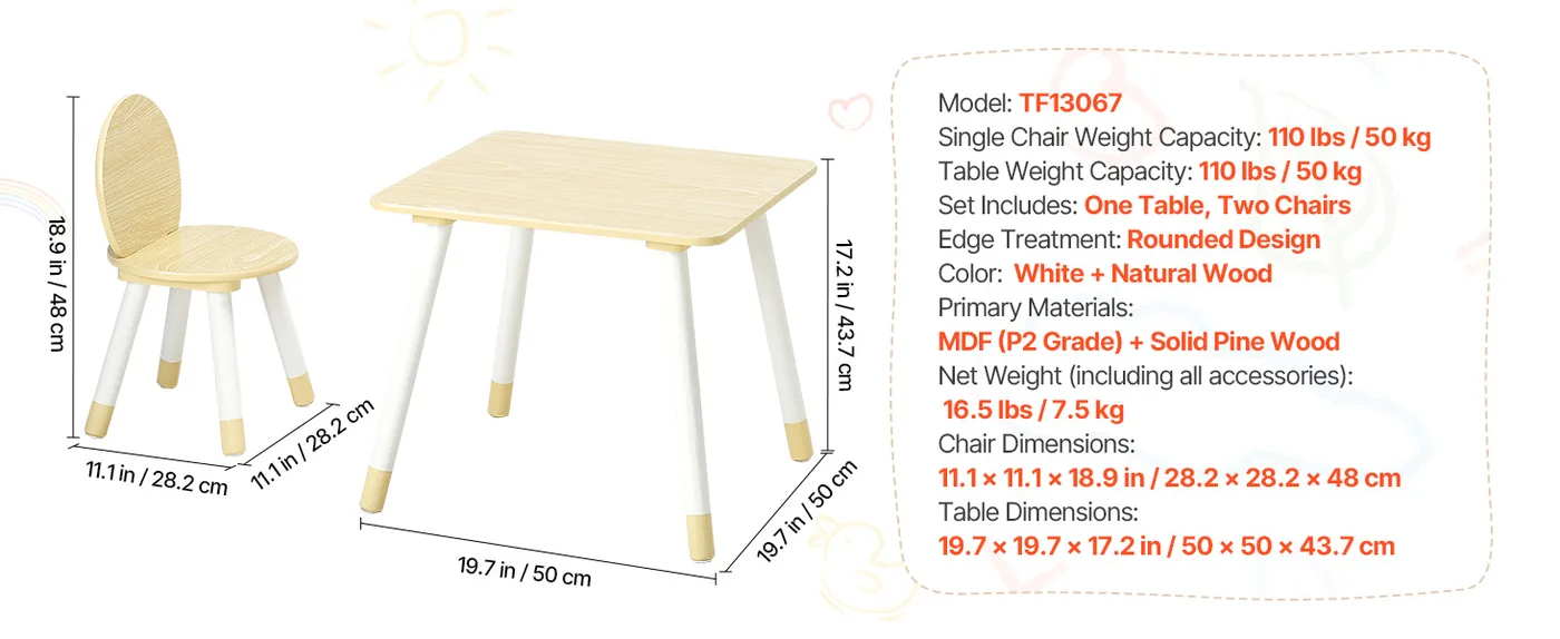 VEVOR Kids Table and 2 Chairs Set Natural Kids Square Table feature 1