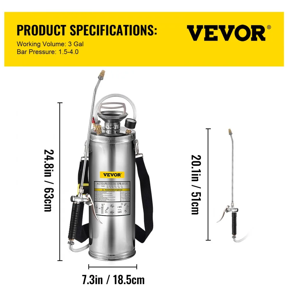 VEVOR 3 Gallon Stainless Steel Sprayer 20 in Wand package contents