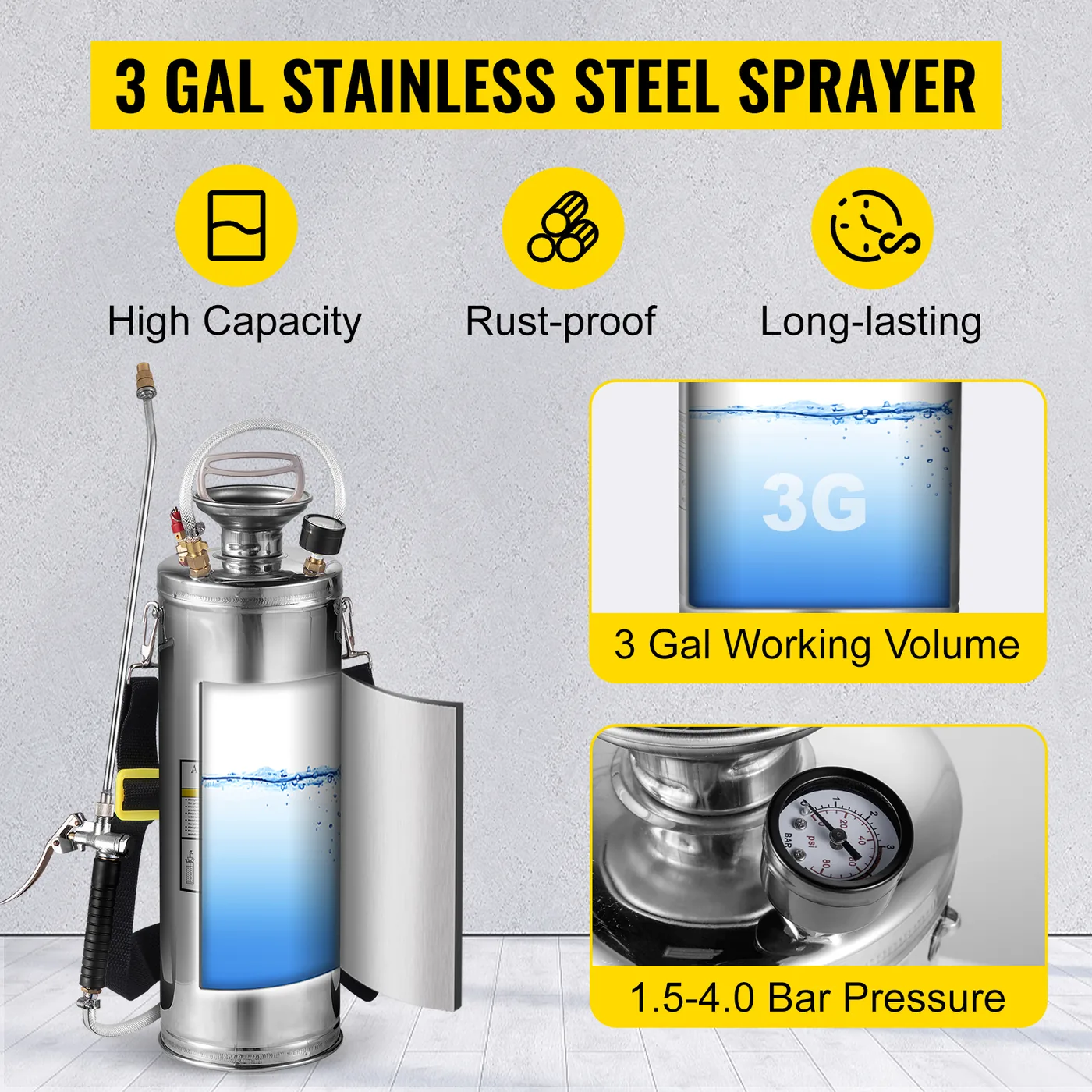 VEVOR 3 Gallon Stainless Steel Sprayer 20 in Wand steel tank detail 2