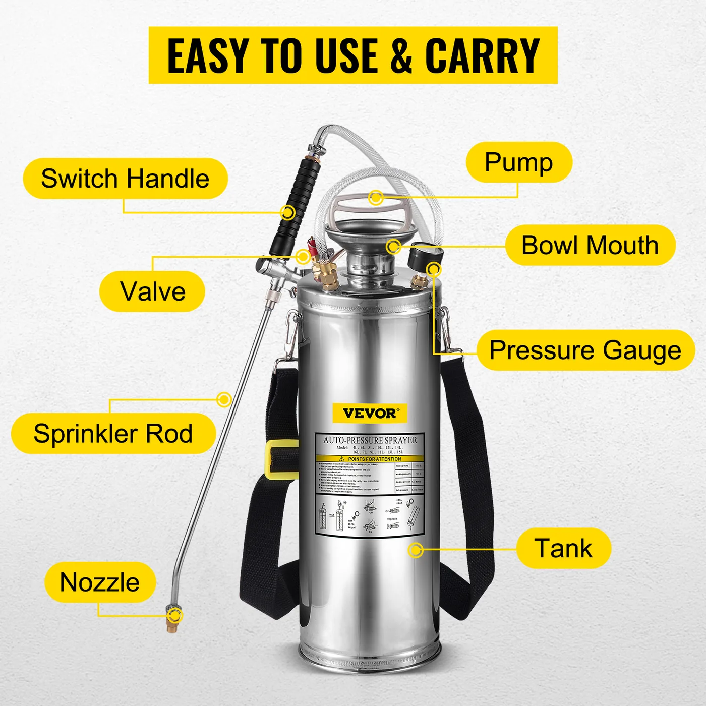 VEVOR 3 Gallon Stainless Steel Sprayer 20 in Wand steel tank detail 4
