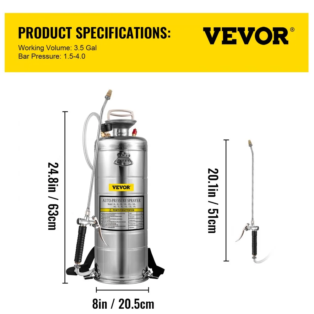 VEVOR 3.5 Gallon Stainless Steel Sprayer 20 in Wand package contents