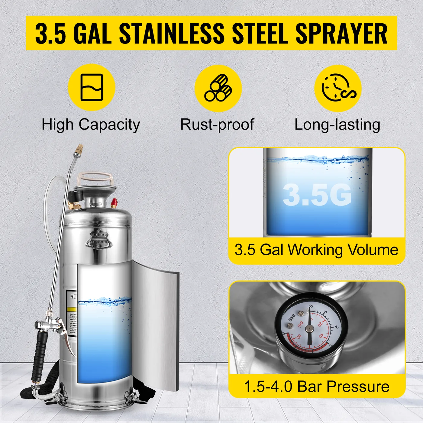 VEVOR 3.5 Gallon Stainless Steel Sprayer 20 in Wand steel tank detail 2