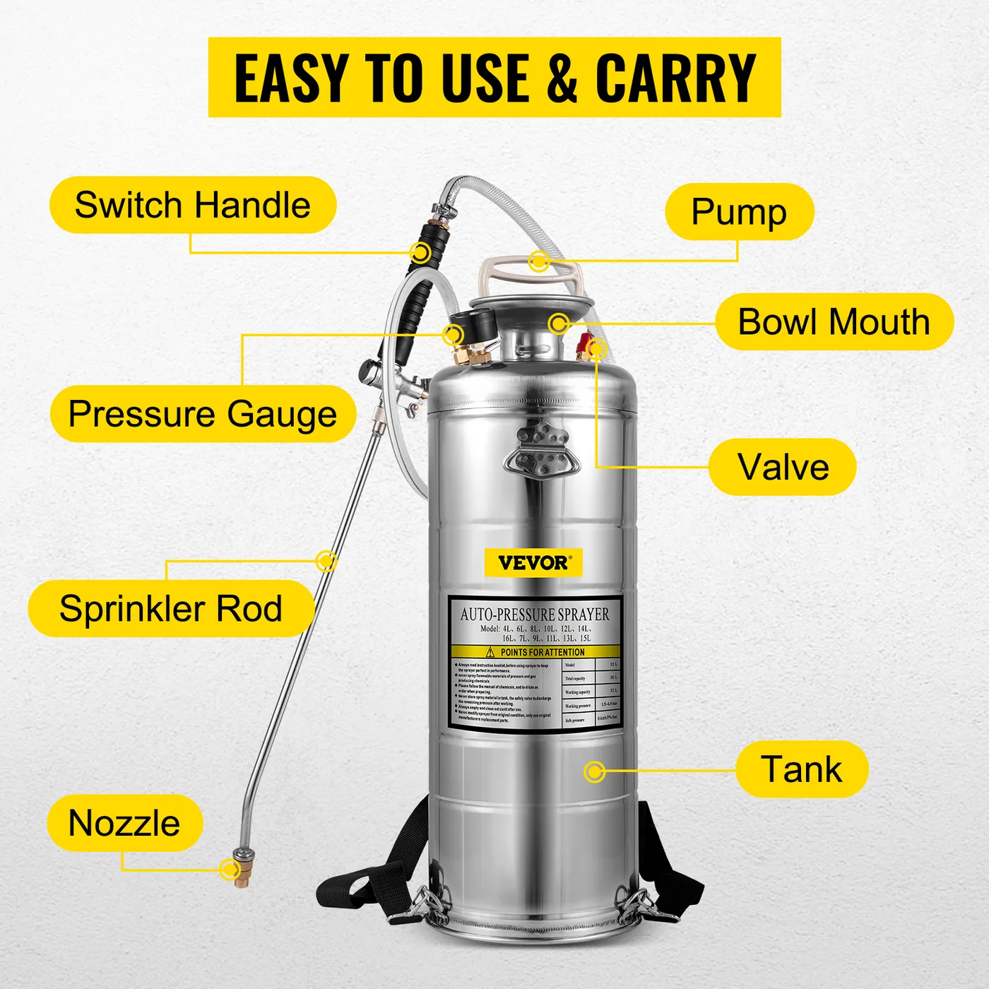 VEVOR 3.5 Gallon Stainless Steel Sprayer 20 in Wand steel tank detail 4