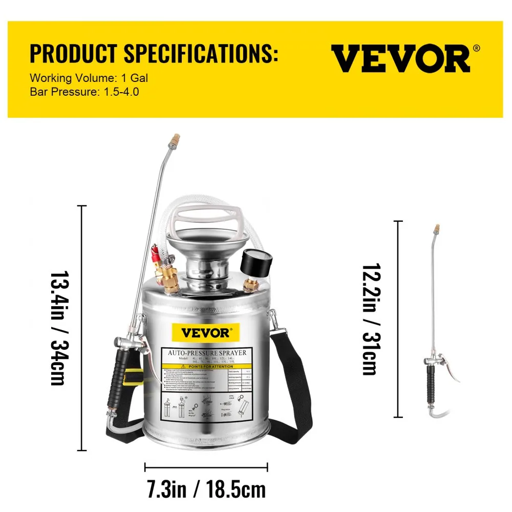 VEVOR 1 Gallon Stainless Steel Sprayer 12 in Wand package contents