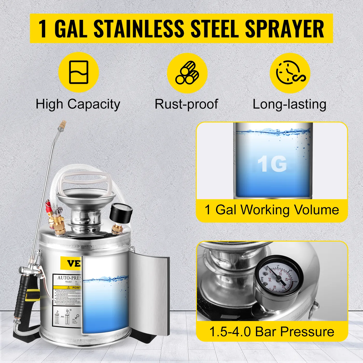 VEVOR 1 Gallon Stainless Steel Sprayer 12 in Wand steel tank detail 2