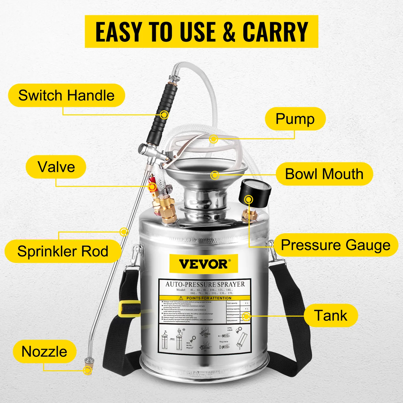 VEVOR 1 Gallon Stainless Steel Sprayer 12 in Wand adjustable spray detail 1