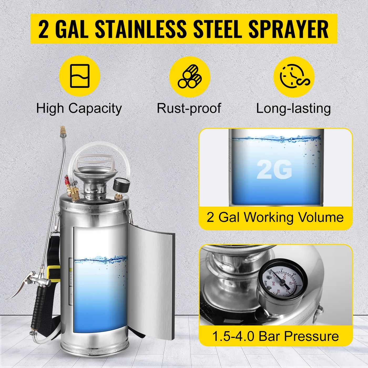 VEVOR 2 Gallon Stainless Steel Sprayer 20 in Wand steel tank detail 2