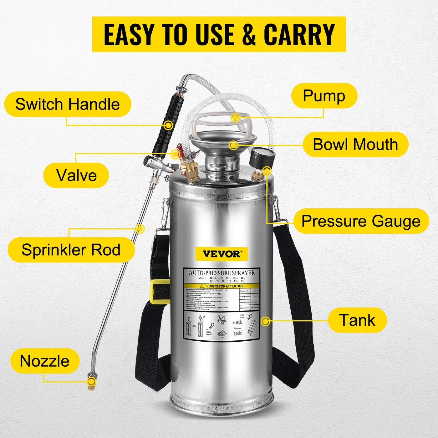 VEVOR 2 Gallon Stainless Steel Sprayer 20 in Wand steel tank detail 4