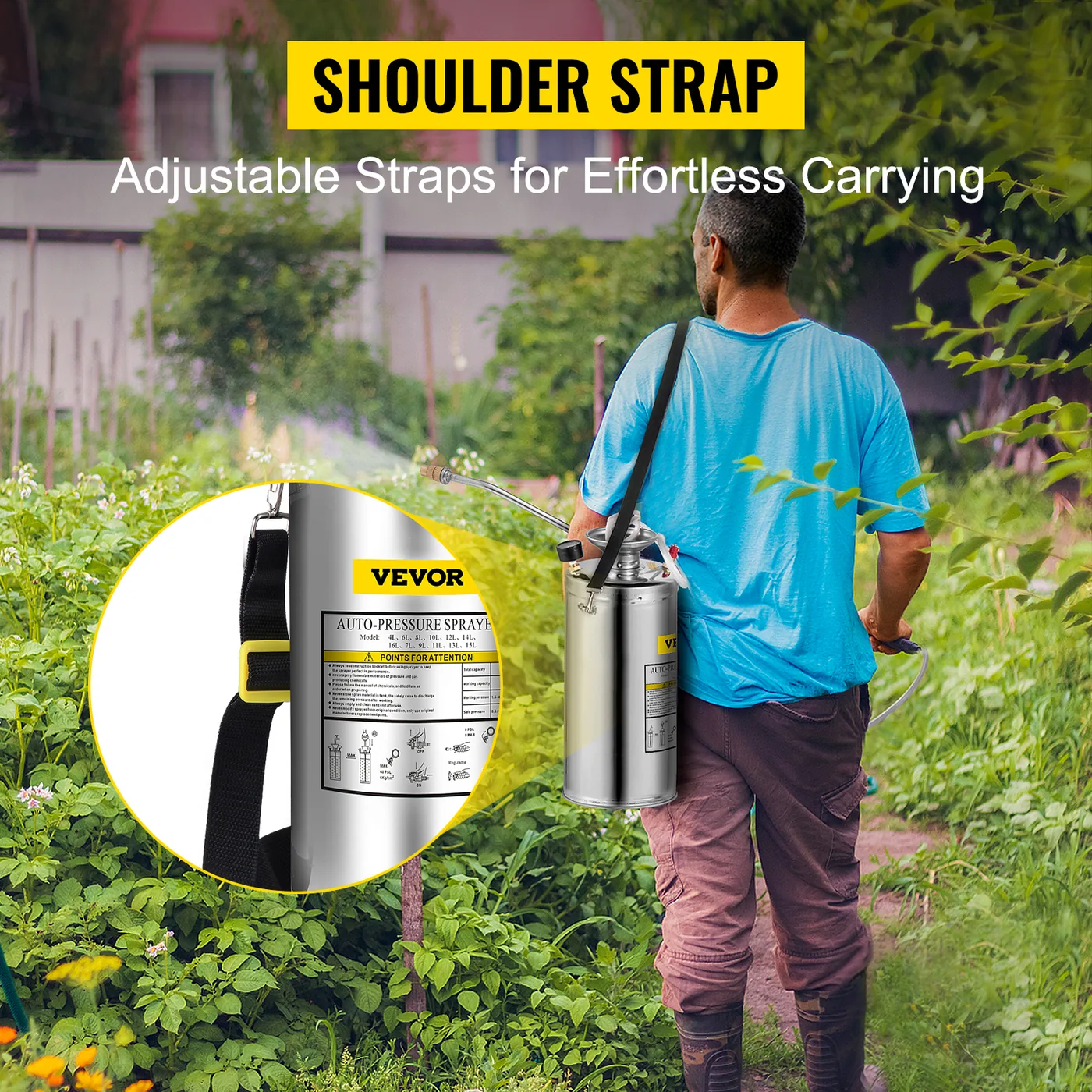 VEVOR 2 Gallon Stainless Steel Sprayer 20 in Wand adjustable spray detail 2