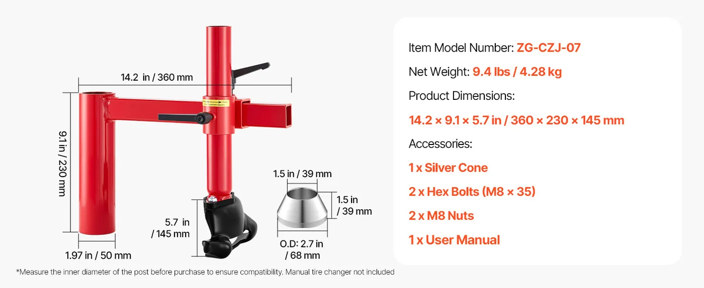VEVOR Manual Tire Changer Duck Head Kit with Silver Cone feature 4