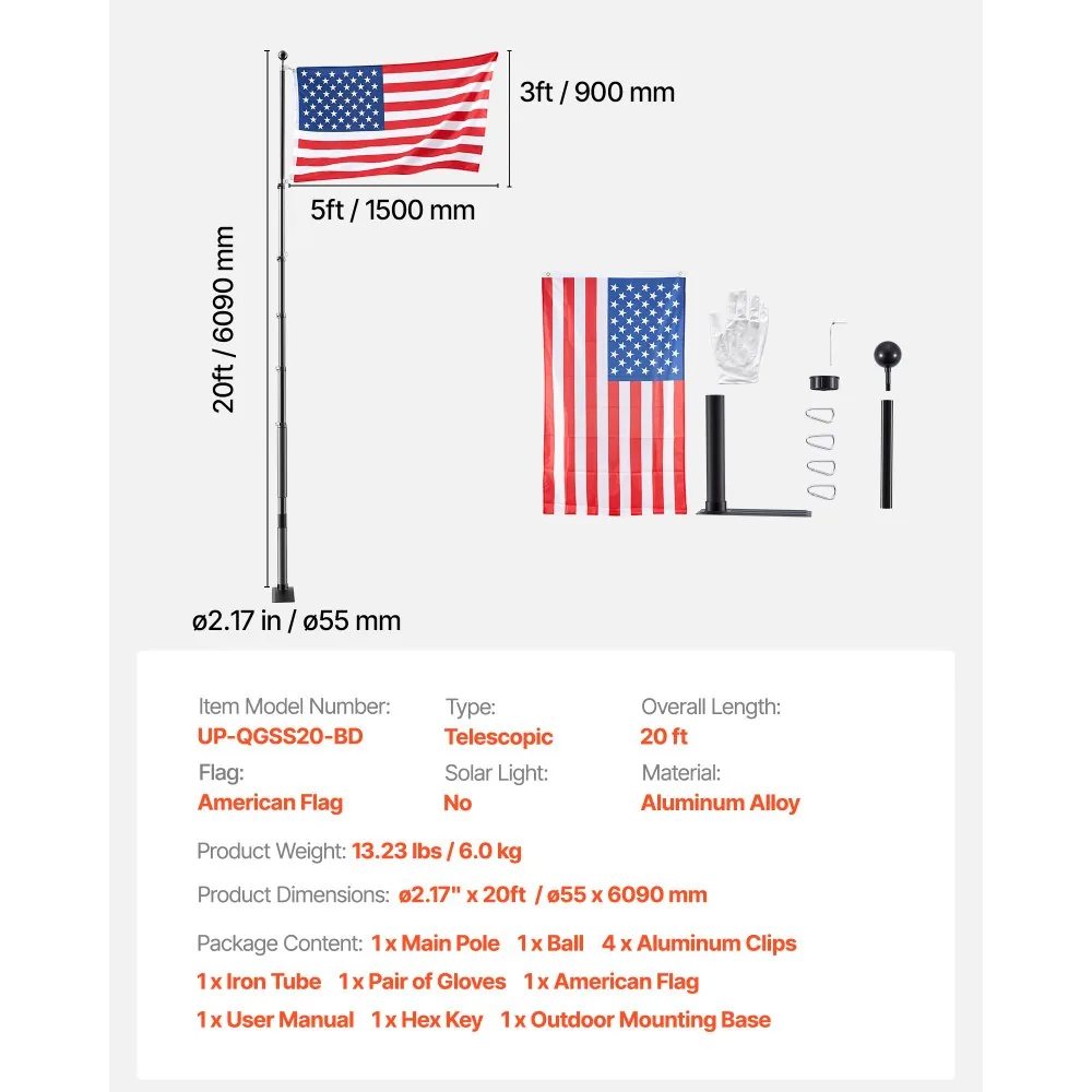 VEVOR Flag Pole Black 20 ft with Mount Base product image 7