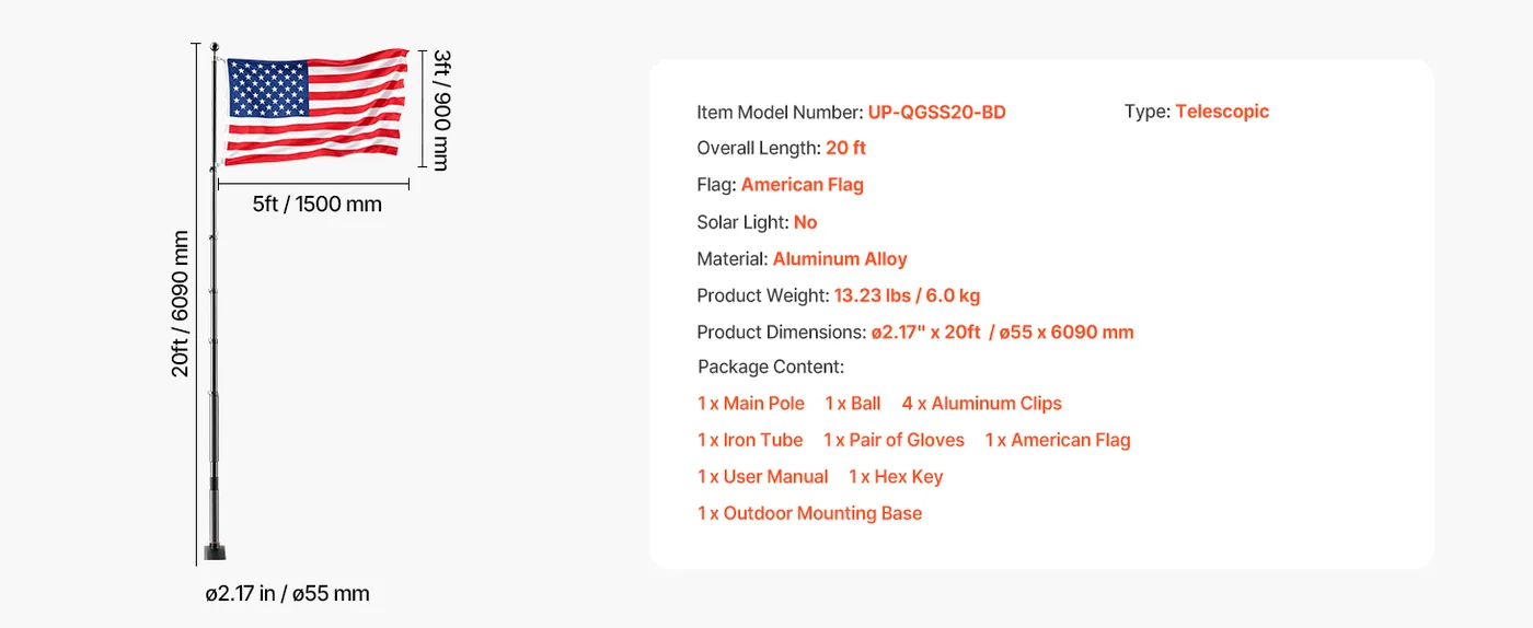 VEVOR Flag Pole Black 20 ft with Mount Base feature 5