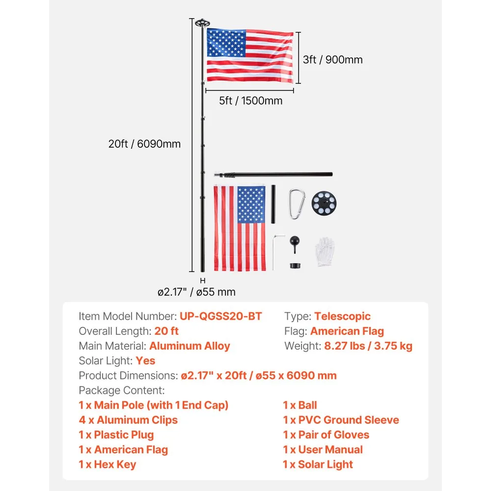 VEVOR Flag Pole Black 20 ft with Light product image 7
