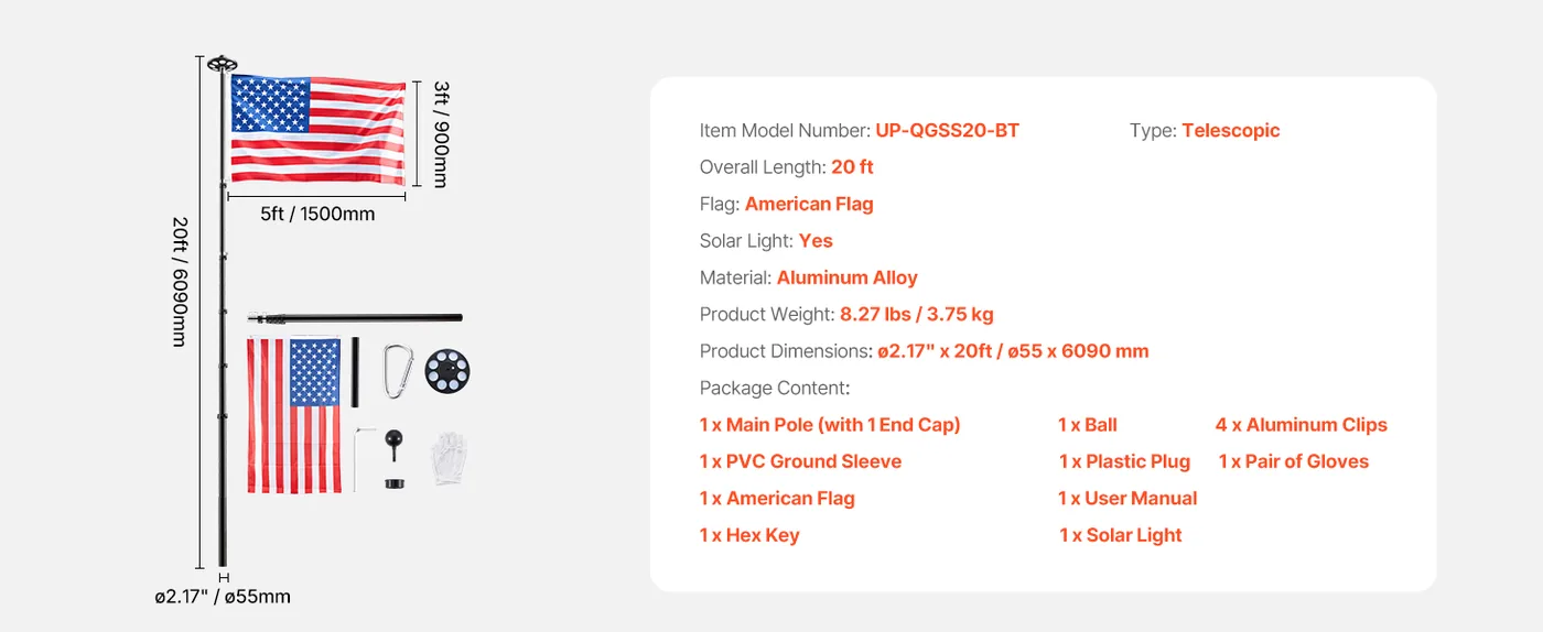 VEVOR Flag Pole Black 20 ft with Light feature 5
