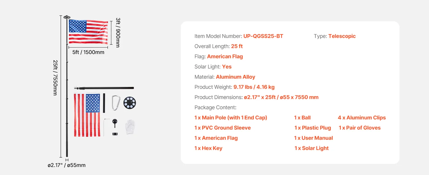 VEVOR Flag Pole Black 25 ft with Light feature 5