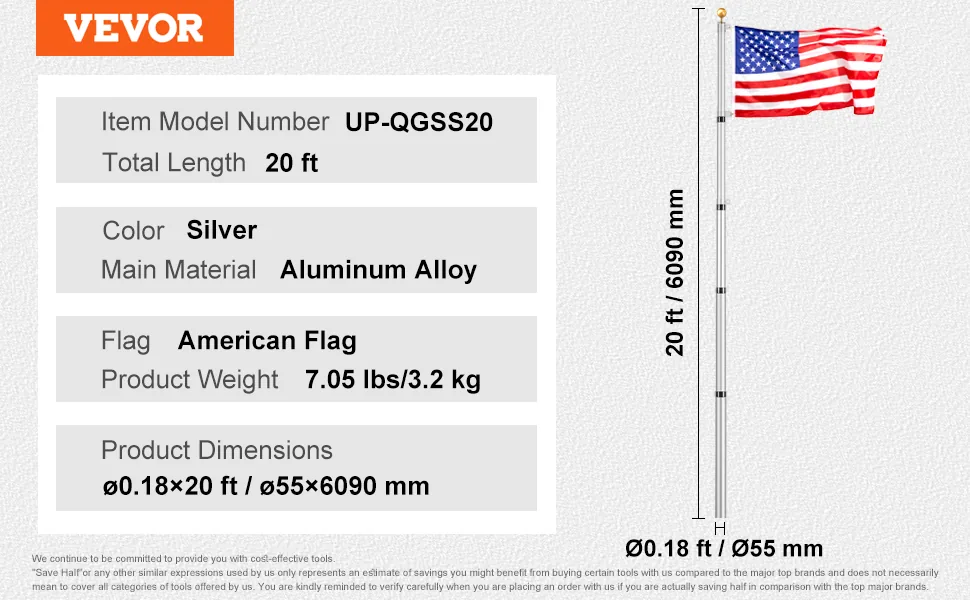 VEVOR 20FT Telescoping Flag pole Kit Silver 20 ft feature 5