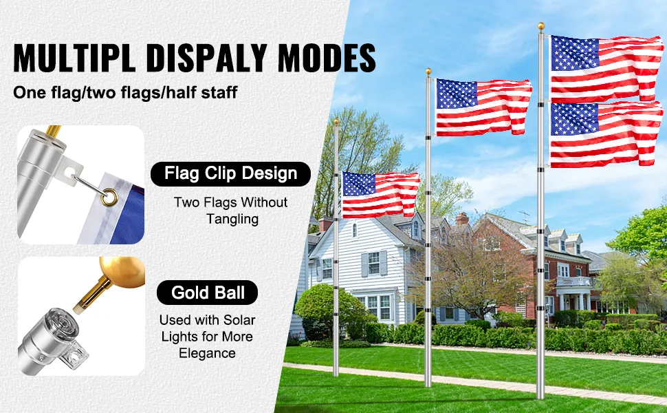VEVOR 30FT Telescoping Flag pole Kit Silver 30 ft feature 2