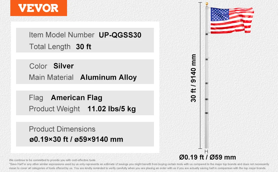VEVOR 30FT Telescoping Flag pole Kit Silver 30 ft feature 5