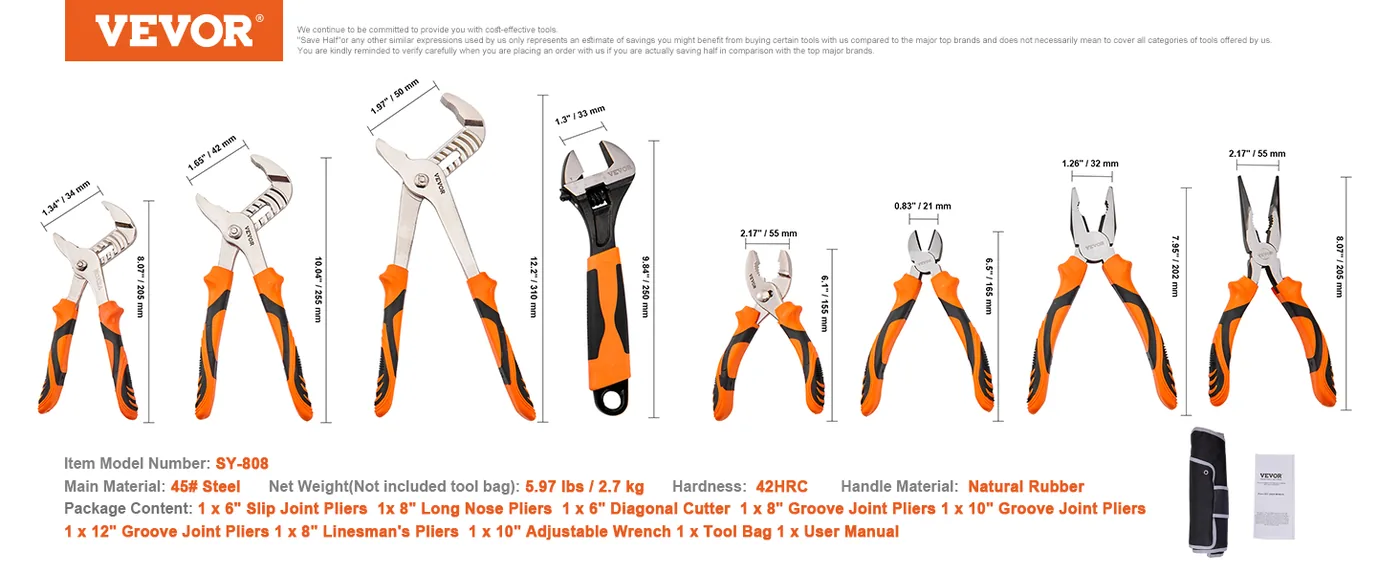VEVOR 8-Piece Pliers Set 8pcs 6-12inch feature 5