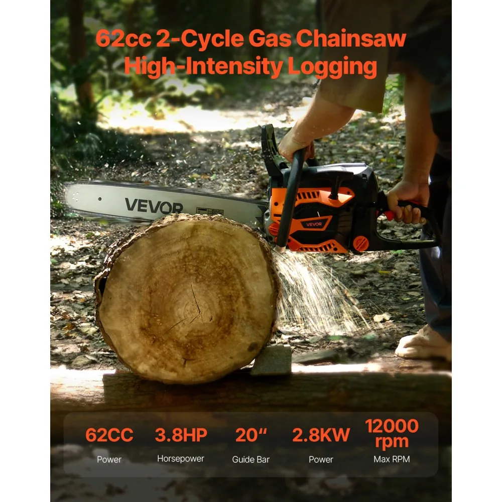 VEVOR gas chainsaw cutting large tree log