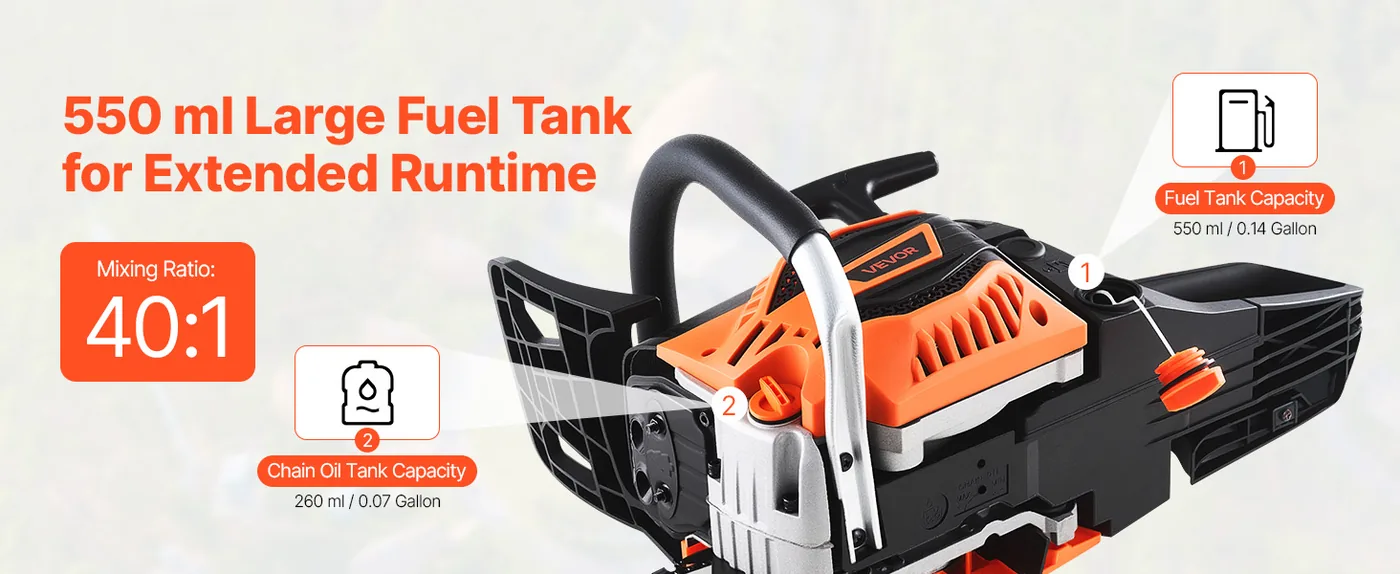 VEVOR 62CC Gas Chainsaw, 20 inch 3.8 HP Gas Powered Dual Fuel Tanks
