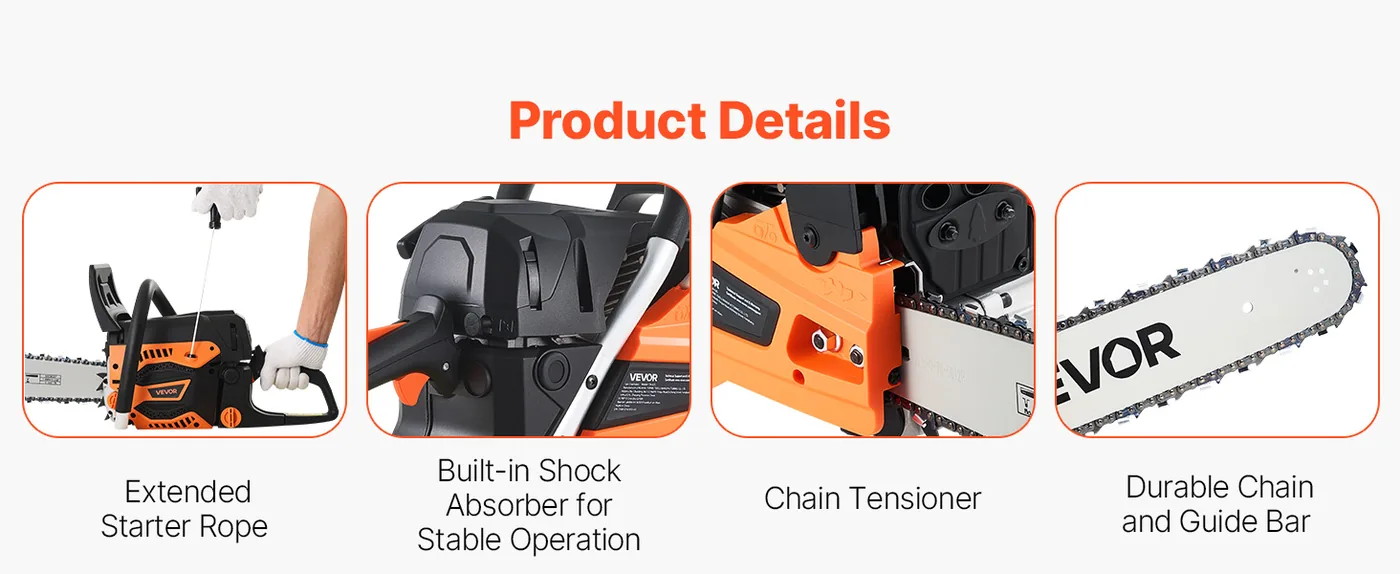VEVOR 62CC Gas Chainsaw, 20 inch 3.8 HP Gas Powered Product Details