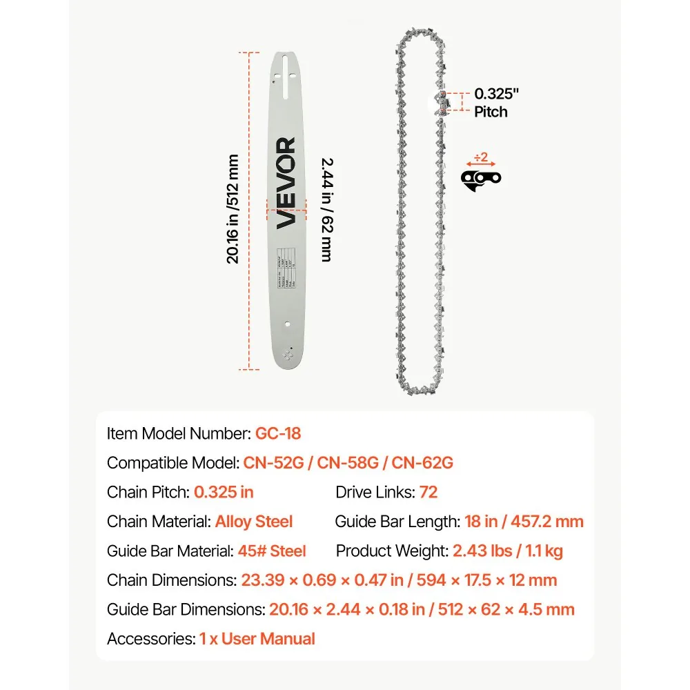VEVOR chainsaw bar and chain package contents