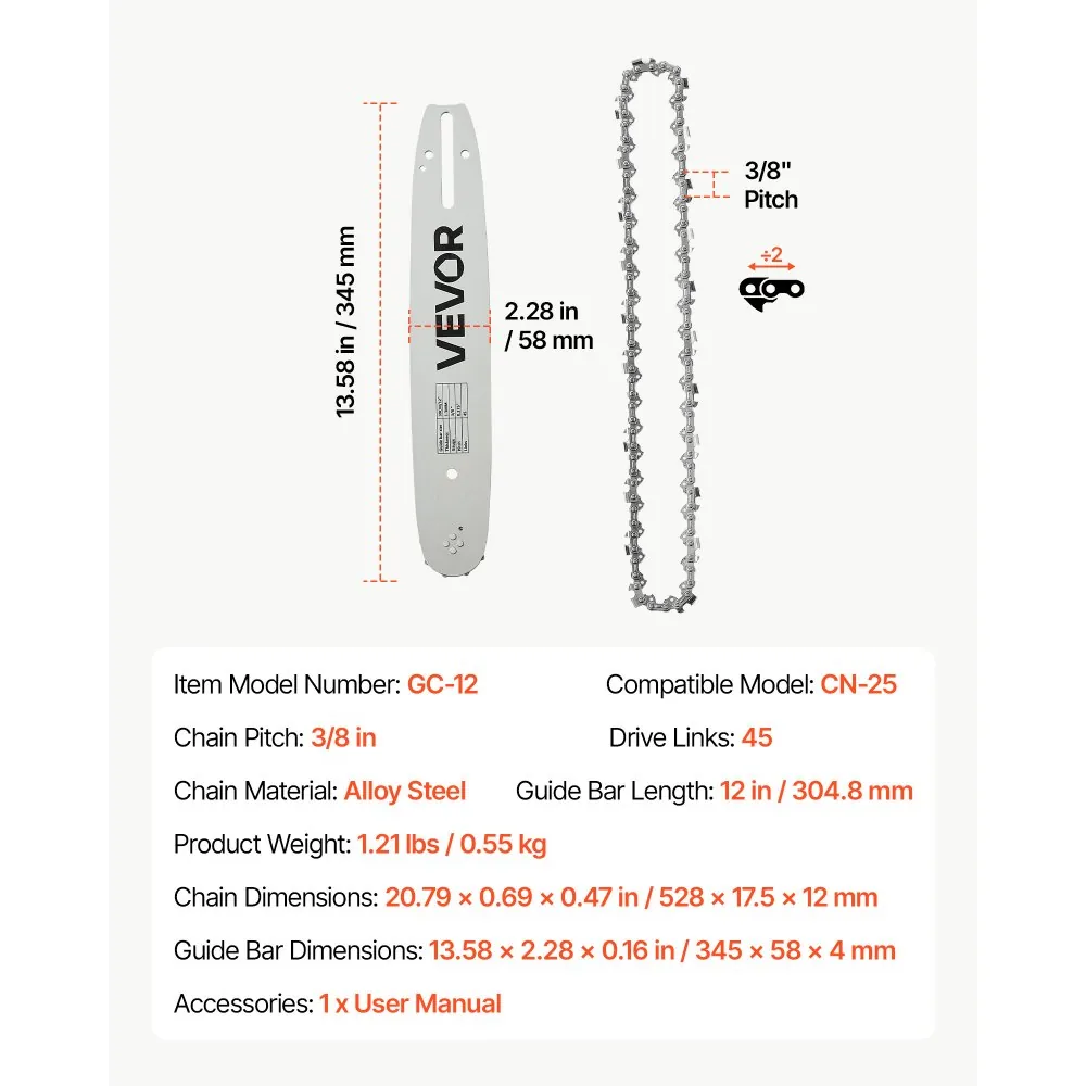 VEVOR chainsaw bar and chain package contents