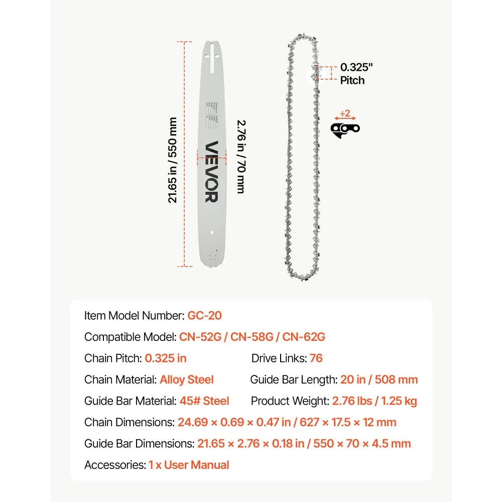 VEVOR chainsaw bar and chain package contents