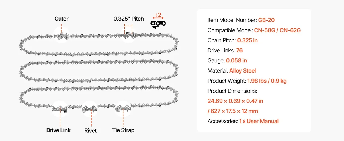 VEVOR 20 inch chainsaw chain installation guide