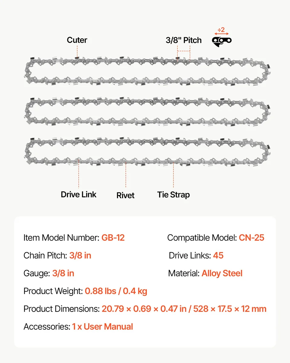 VEVOR 12 inch chainsaw chain installation