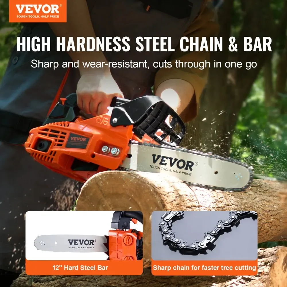 VEVOR gas chainsaw cutting tree branch outdoors