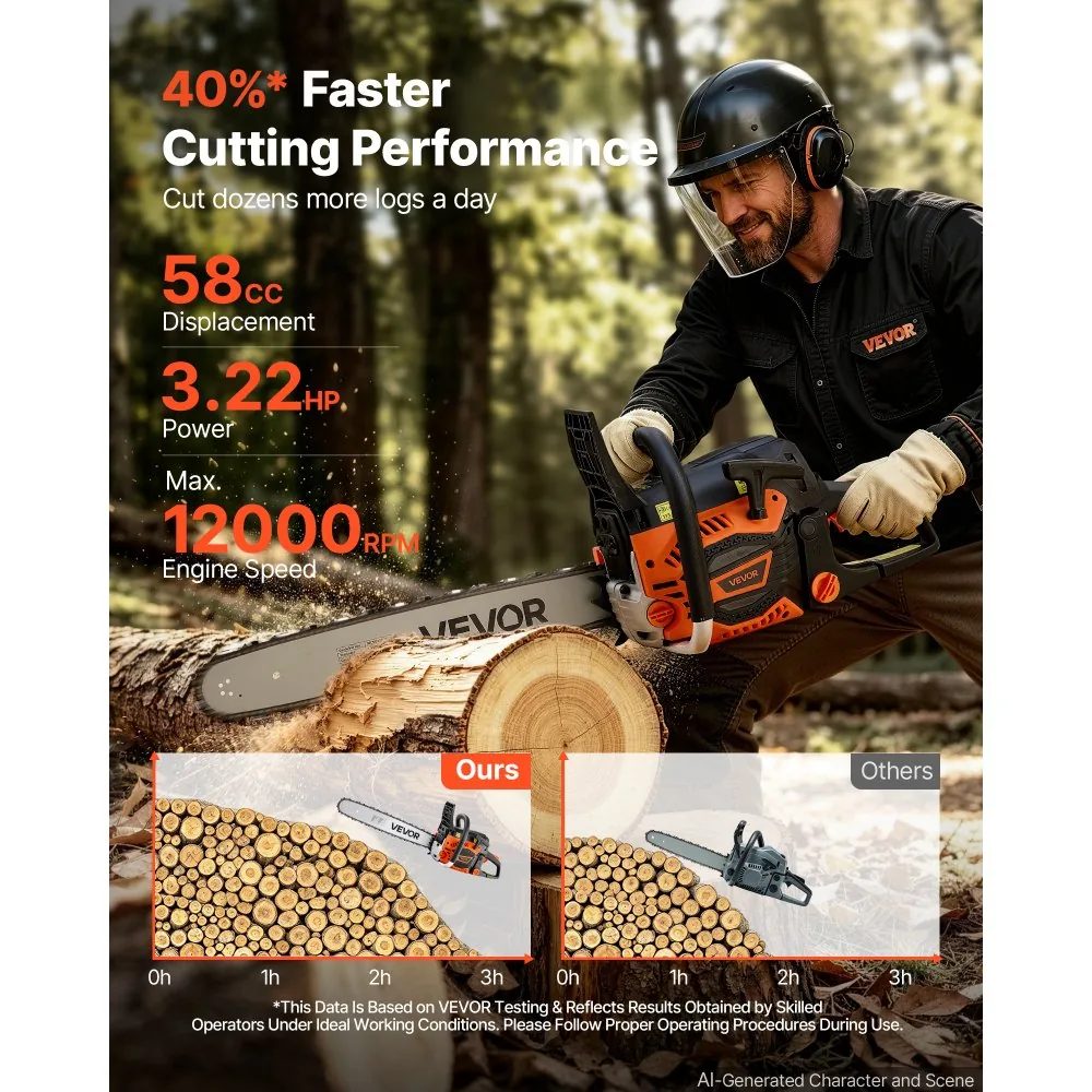 VEVOR 18- and 20-inch gas chainsaw cutting firewood outdoors