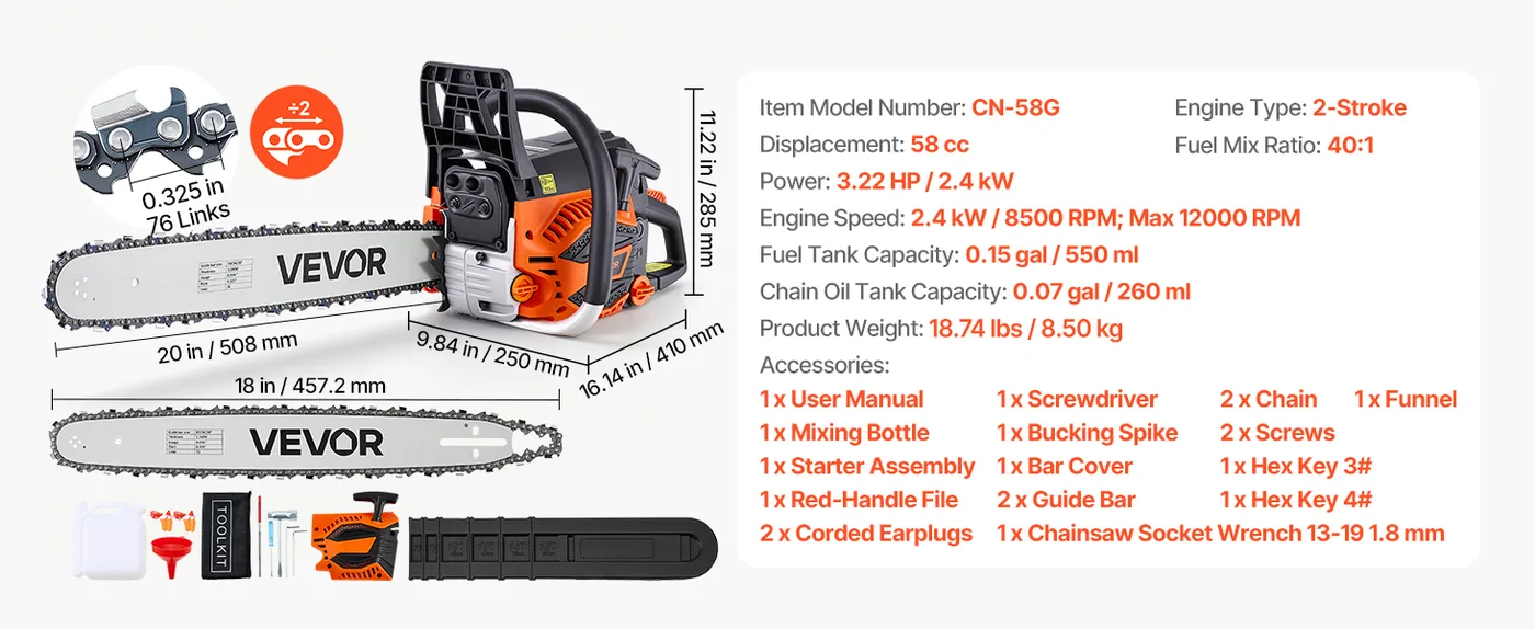 VEVOR 18 & 20 in 58cc Gas Chainsaw 3.22HP 40% Faster Cutting