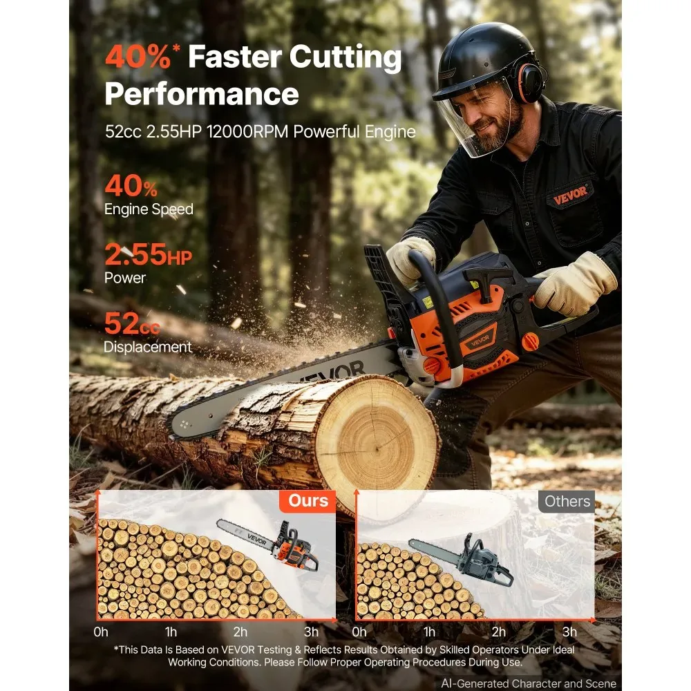 VEVOR 18-inch gas chainsaw cutting firewood outdoors