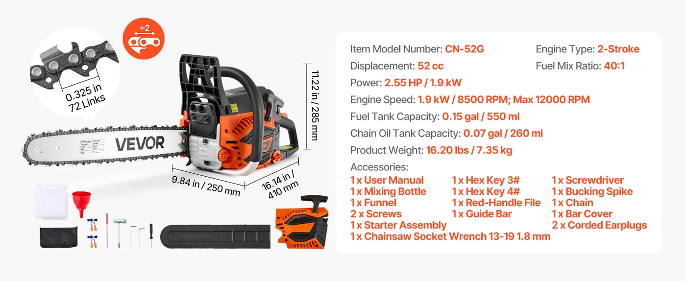 VEVOR 18 in 52cc Gas Chainsaw 2.55HP 40% Faster Cutting