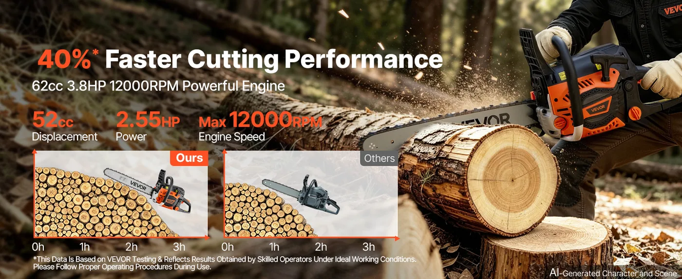 VEVOR 18 in 52cc Gas Chainsaw 2.55HP Sharp Chain