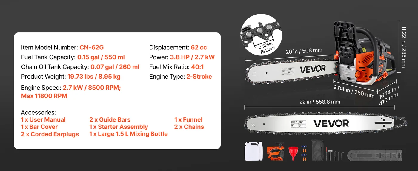 VEVOR 20 & 22 in 62cc Gas Chainsaw 3.8HP 40% Faster Cutting
