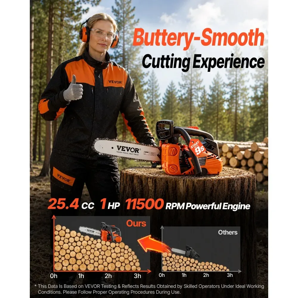 VEVOR 12-inch gas chainsaw cutting firewood outdoors