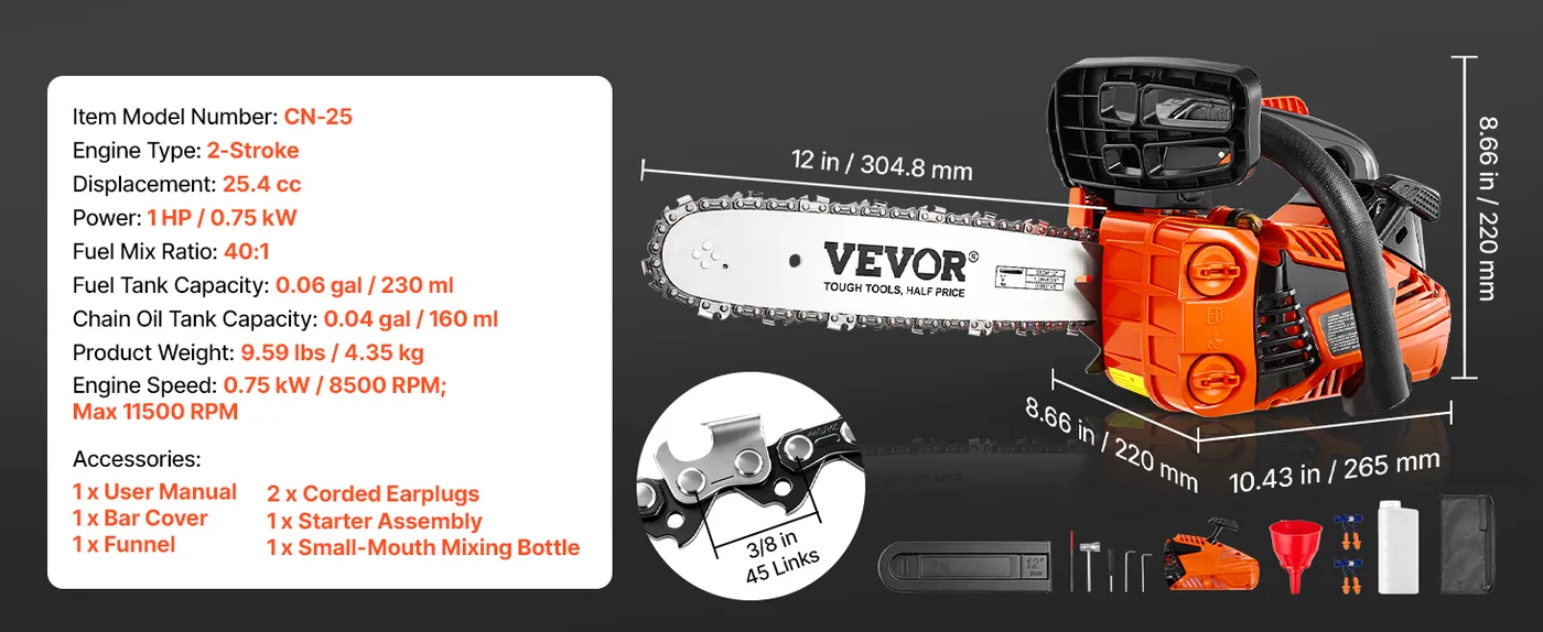 VEVOR 12 in 25.4cc Gas Chainsaw 1HP Efficient Cutting